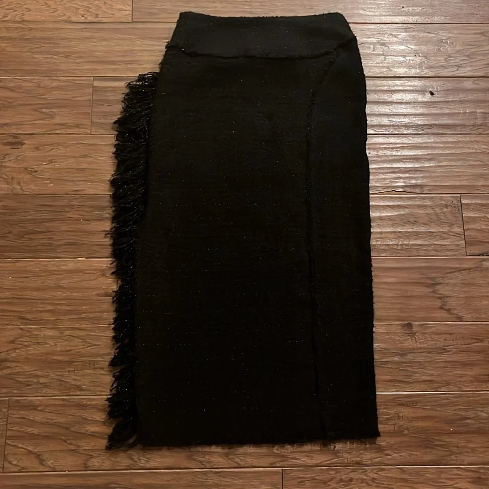 Zara Textured Black Midi Limited Edition Fringe Tweed Skirt Size XS